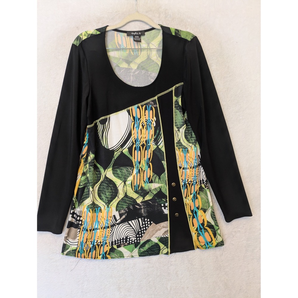 Sophie A Tunic Top Women's Size M Black Green‎ Abstract Geometric Mixed Print